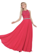 Load image into Gallery viewer, Open Back Scoop A Line Prom Dresses With Beading Chiffon