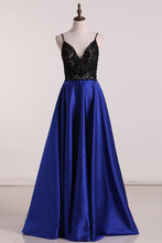 Load image into Gallery viewer, Satin Prom Dresses A Line Spaghetti Straps With Beads And Applique