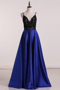 Satin Prom Dresses A Line Spaghetti Straps With Beads And Applique
