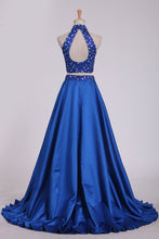 Load image into Gallery viewer, Two Pieces High Neck A Line Prom Dresses Beaded Bodice Satin Open Back