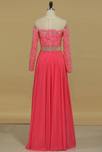 Load image into Gallery viewer, Scoop Chiffon With Applique And Beads Sweep Train A Line Prom Dresses