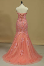 Load image into Gallery viewer, Mermaid Prom Dresses Sweetheart With Beading And Applique Tulle Sweep/Brush Train