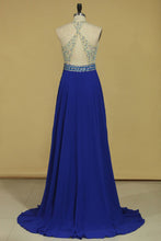 Load image into Gallery viewer, Sexy Open Back Halter Beaded Bodice A Line Chiffon Sweep Train Prom Dresses