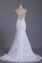 Load image into Gallery viewer, Mermaid Spaghetti Straps Open Back Tulle With Applique And Beads Wedding Dresses