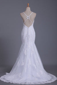 Mermaid Spaghetti Straps Open Back Tulle With Applique And Beads Wedding Dresses