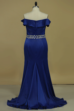 Load image into Gallery viewer, Stretch Satin Prom Dresses Boat Neck Mermaid With Beading Plus Size