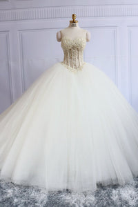 Sweetheart Bridal Dresses With Pearls Ball Gown Tulle White Corset Back Court Train