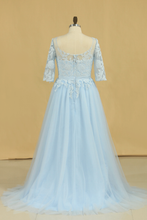 Load image into Gallery viewer, Mother Of The Bride Dresses A Line Bateau Tulle With Applique And Sash Sweep Train Plus Size Light Sky Blue