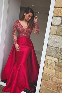 Red Prom Dress Satin V Neck With Pearled Bodice And Long Train