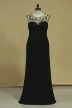 Load image into Gallery viewer, Scoop Sheath Prom Dresses Chiffon With Ruffles And Applique Floor Length