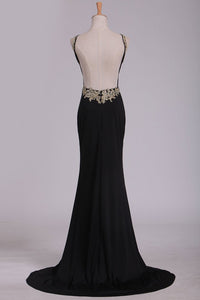 Sexy Open Back Scoop Mermaid Spandex With Beads And Applique Prom Dresses