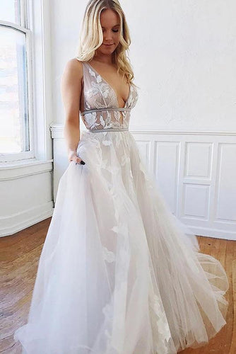 A Line Deep V-Neck Backless White Tulle Prom Dress With Appliques, Evening Dresses SJS14997