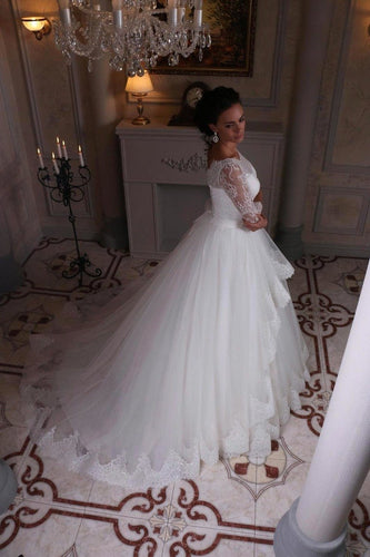 3/4 Length Sleeve Wedding Dresses Ball Gown Tulle With Applique Sweep Train