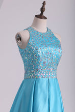 Load image into Gallery viewer, Scoop Beaded Bodice Open Back A Line Satin Prom Dresses