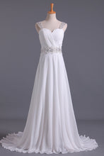 Load image into Gallery viewer, White Wedding Dress Sweetheart A Line Pleated Bodice With Detachable Straps Beaded Chiffon