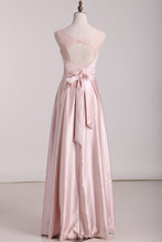 Load image into Gallery viewer, Open Back Scoop A Line Bridesmaid Dresses Satin &amp; Lace Floor Length