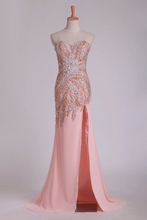 Load image into Gallery viewer, New Arrival Beaded Bodice  Chiffon With Slit Sheath Sweep Train Prom Dresses