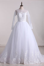 Load image into Gallery viewer, A Line Scoop Long Sleeves Tulle With Applique And Sash Wedding Dresses