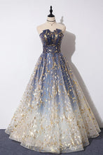 Load image into Gallery viewer, Charming Blue Floral Print Tulle Strapless Long A Line Prom Dresses, Dance Dresses SJS15097