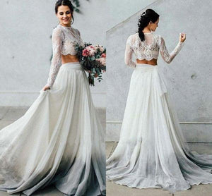 Elegant Two Pieces Chiffon Long Sleeves Wedding Dress with Lace Appliques SJS15209