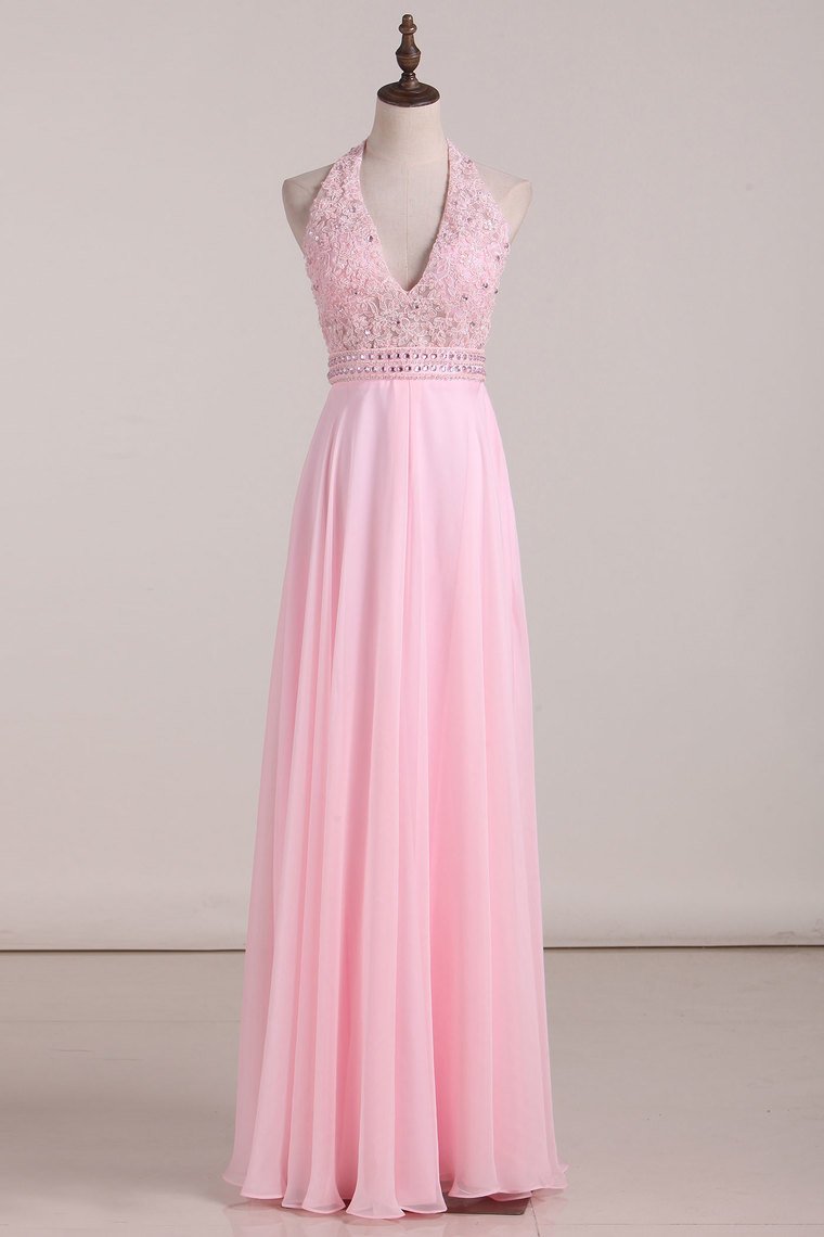 Sexy Open Back V Neck Chiffon With Applique A Line Prom Dresses
