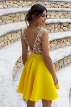 Load image into Gallery viewer, Yellow Floral Satin Illusion Back Daffodil V Neck Homecoming Dresses Short Cocktail Dresses SJS14985