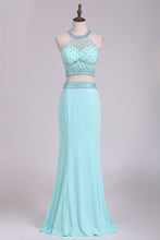 Load image into Gallery viewer, Two-Piece Halter Beaded Bodice Open Back Prom Dresses Spandex Sheath