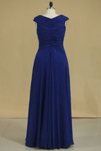 Load image into Gallery viewer, Dark Royal Blue A Line Cowl Neck Prom Dresses Chiffon With Applique And Beads