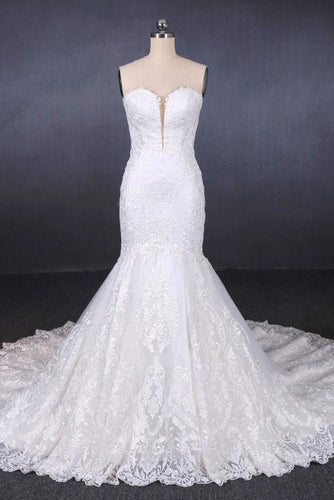 Charming Strapless Sweetheart Mermaid Lace Appliques White Wedding Dresses SJS15128