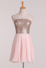 Load image into Gallery viewer, New Arrival Strapless Homecoming Dresses Sequined Bodice Chiffon A Line