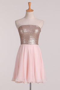 New Arrival Strapless Homecoming Dresses Sequined Bodice Chiffon A Line