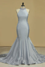 Load image into Gallery viewer, Prom Dresses High Neck Mermaid Taffeta With Beading Open Back
