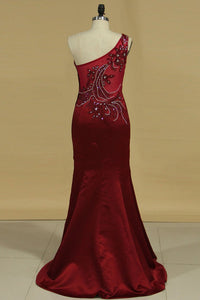 Prom Dresses Mermaid One Shoulder With Beading Floor Length Satin