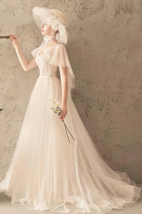 Unique Tulle Lace Long Wedding Dress Ivory Short Sleeves Lace Up Back Bridal SJSPK2YQ77B