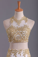 Load image into Gallery viewer, Two-Piece Scoop Mermaid Prom Dresses Chiffon With Gold Applique