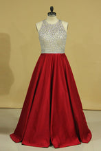 Load image into Gallery viewer, Burgundy Scoop Open Back Beaded Bodice A Line Prom Dresses Satin &amp; Tulle Plus Size