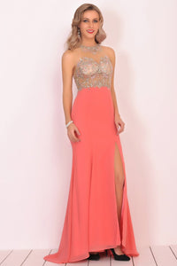 Mermaid Scoop Chiffon Prom Dresses With Beads And Slit