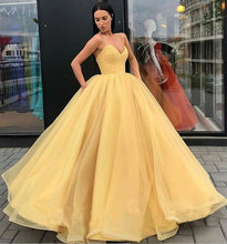 Load image into Gallery viewer, Sweetheart Strapless Yellow Long Modest Prom Gown, Ball Gown Quinceanera Dresses SJS15441