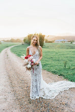 Load image into Gallery viewer, Rustic Lace Appliques V Neck Mermaid Wedding Dresses, Long Bridal Dresses SJS15527