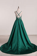 Load image into Gallery viewer, Prom Dresses Spaghetti Straps Satin With Beads A Line