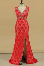 Load image into Gallery viewer, Plus Size Open Back V Neck Mermaid Lace Prom Dresses With Beads &amp; Slit Sweep Train