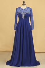 Load image into Gallery viewer, Long Sleeves Scoop A-Line Chiffon With Beads And Ruffles Prom Dresses