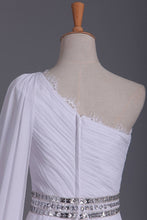 Load image into Gallery viewer, White Prom Dress One Shoulder Pleated Bodice Sheath Beaded Waistline Chiffon Court Train