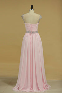 Chiffon Off The Shoulder A Line Prom Dresses With Ruffles And Beads