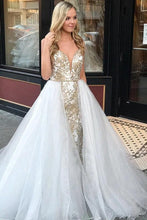 Load image into Gallery viewer, Sheath Spaghetti Straps White Detachable Train Prom Dress with Appliques, Quinceanera Dresses SJS15373