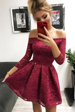 Load image into Gallery viewer, Cute Off the Shoulder Long Sleeves Burgundy Lace Homecoming Dresses Sweet 16 Dresses SJS14972