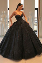 Load image into Gallery viewer, Spaghetti Straps Black Sweetheart Quinceanera Dresses, Ball Gown Sequins Prom Dresses SJS15410