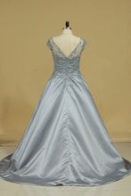Load image into Gallery viewer, Ball Gown Scoop With Embroidery Prom Dresses Satin Sweep Train