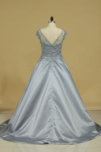 Ball Gown Scoop With Embroidery Prom Dresses Satin Sweep Train