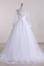 Load image into Gallery viewer, A Line Scoop Long Sleeves Tulle With Applique And Sash Wedding Dresses